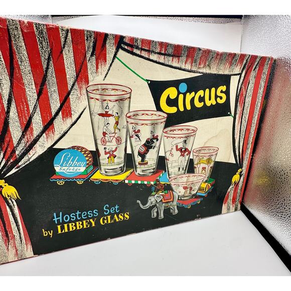 Vintage Libbey Circus Glasses Set – 1950s Original Box, Hostess Barware, 10oz - Picture 1 of 9